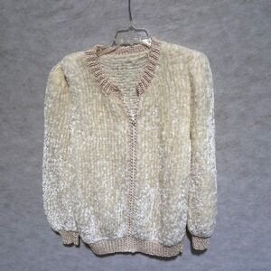 Womens Cream Fuzzy Knit Zip‎ Up Cardigan Sweater Cozy Textured Sweater Handmade